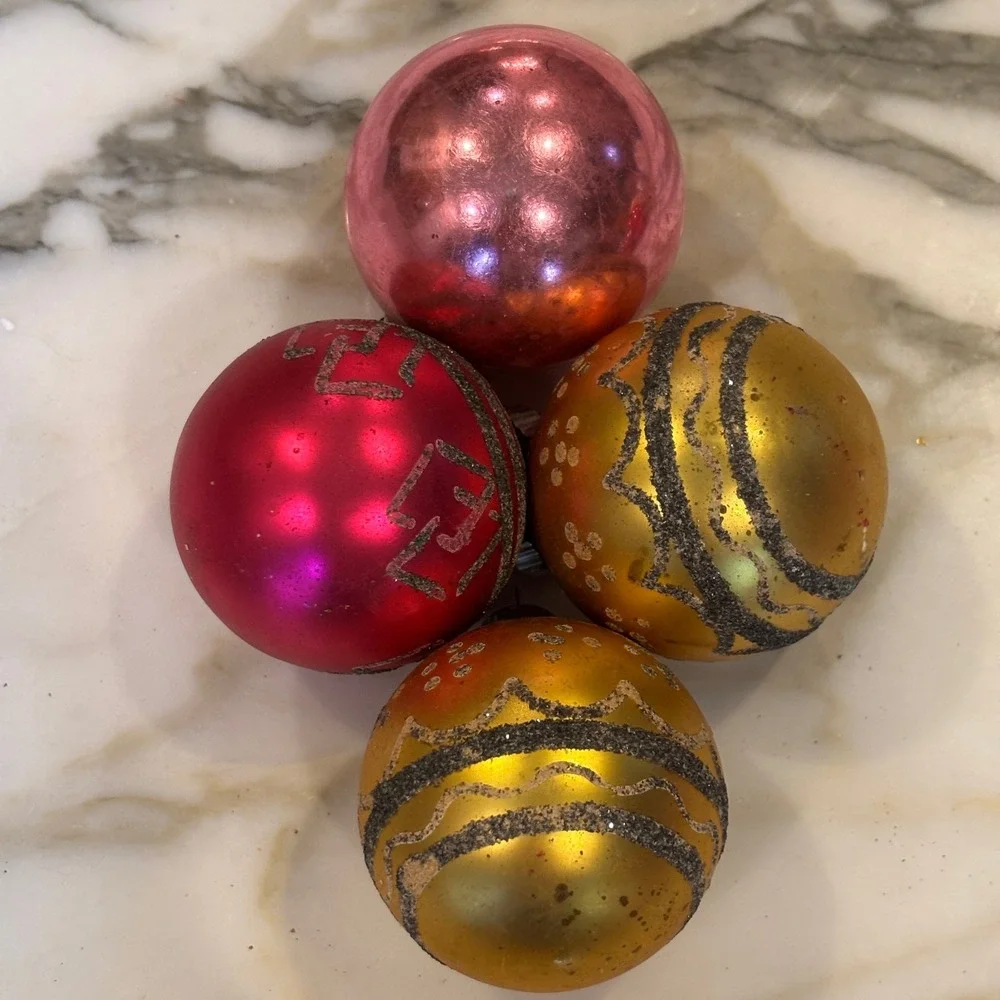 Shiny Brite Vintage Mica Glitter Stencil Glass Christmas Ornaments Pink Gold
